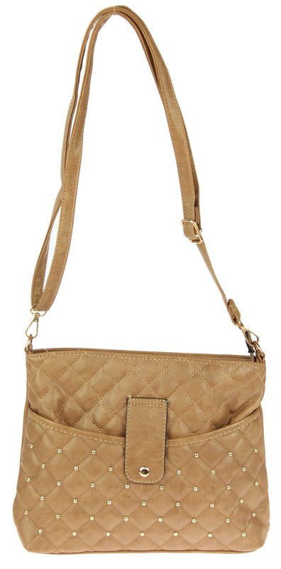 Elegant taupe handbag with criss-cross design, studs, light gold hardware, and spacious khaki-lined interior. Perfect for everyday use.