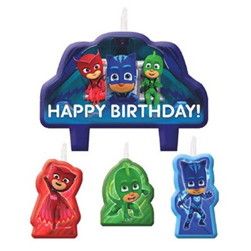 PJ Masks candle set featuring Catboy, Owlette, and Gekko, perfect for a superhero-themed birthday cake celebration.
