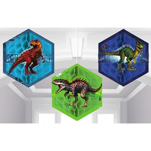 Colorful Jurassic World honeycomb decorations, 18cm, perfect for dinosaur-themed parties and easy to assemble. Pack of 3.