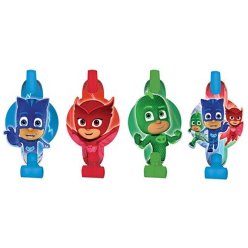 Colorful PJ Masks blowouts and medallions featuring Catboy, Owlette, and Gekko for festive birthday celebrations.