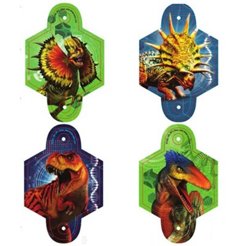 Colorful Jurassic World blowouts with medallions, featuring dinosaur designs, perfect for festive parties and celebrations.