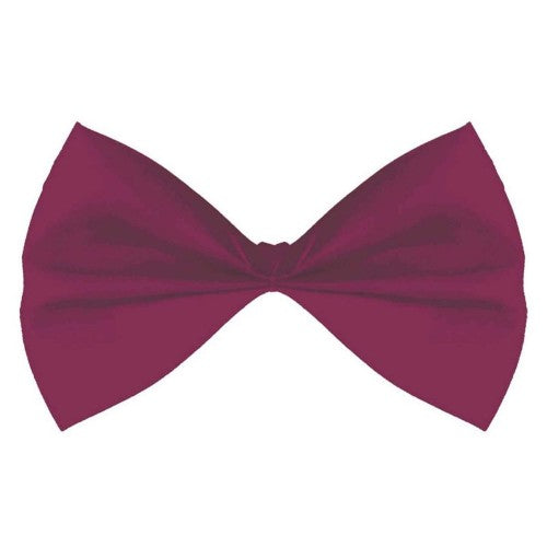 Elegant burgundy bowtie measuring 3 1/4" x 6" with elastic band, perfect for formal events and costume parties.