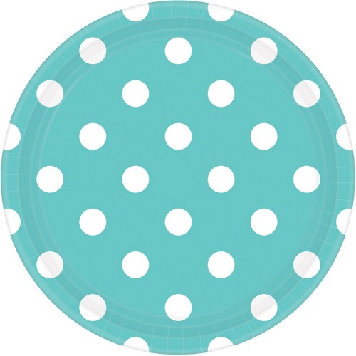 Set of 8 round plates in Robin's-Egg Blue with playful polka dots, ideal for appetizers and desserts.