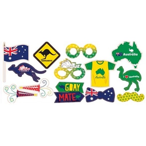 Vibrant Australian-themed photo props set, featuring 13 cardboard cutouts on plastic sticks for fun celebrations and group selfies.
