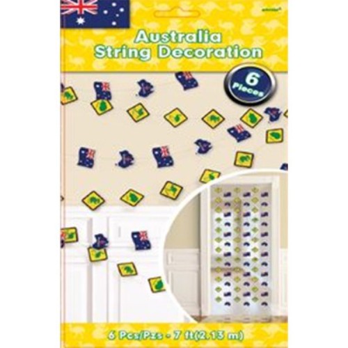 Vibrant pack of 6 Australia designs string decorations, 7cm cutouts, ideal for festive decor and easy hanging.