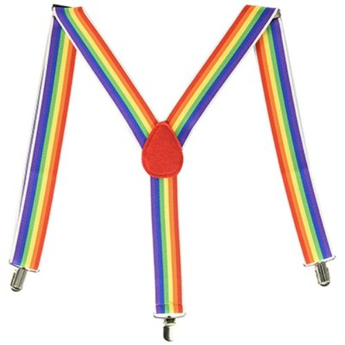 Vibrant rainbow suspenders with metal clips, Y-back design, adjustable fit for ages 6 and up, perfect for any occasion.