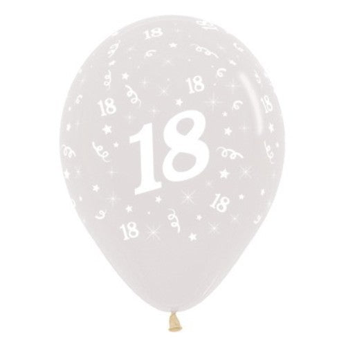 Pack of 25 crystal clear latex balloons with elegant Age 18 design, perfect for birthday parties and celebrations.
