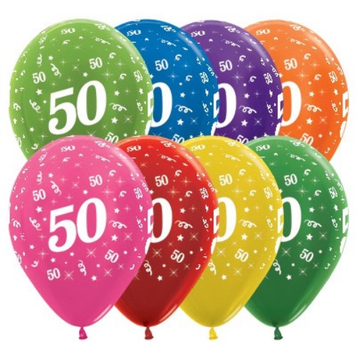 Colorful metallic balloons celebrating a 50th birthday, ideal for parties and festive decor, packed in a set of 25.