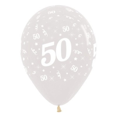 Pack of 25 age 50 jewel crystal clear balloons, 30cm, perfect for elegant birthday celebrations and party decor.