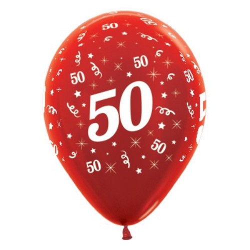 Pack of 25 stunning red metallic pearl balloons for celebrating a 50th birthday, each measuring 30cm.