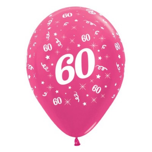 Fuchsia metallic pearl balloons for age 60 celebrations, pack of 25, perfect for vibrant party decorations.