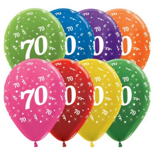 Colorful metallic balloons celebrating age 70, perfect for festive birthday parties and special celebrations. Pack of 25.