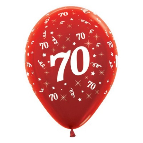 Red metallic pearl balloons celebrating Age 70, pack of 25, perfect for elegant birthday and milestone decorations.