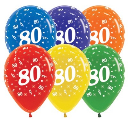 Colorful 30cm latex balloons featuring an elegant jewel crystal finish for stylish 80th birthday celebrations. Pack of 25.