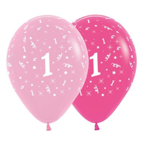 Vibrant pink latex balloons featuring the number '1', perfect for celebrating a child's first birthday in style.