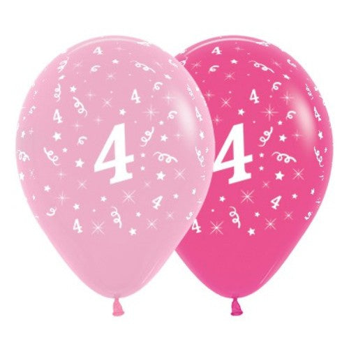 Vibrant pink latex balloons with '4' for age celebration, perfect for birthday parties, pack of 6 at 30cm each.