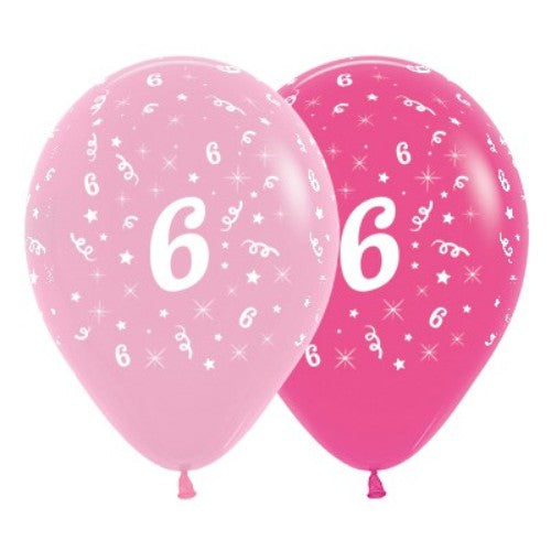 Pack of 6 vibrant pink latex balloons with "Age 6" for birthday celebrations and festive occasions.