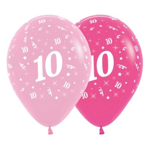 Six vibrant pink latex balloons featuring the number 10, perfect for celebrating a girl's milestone birthday.