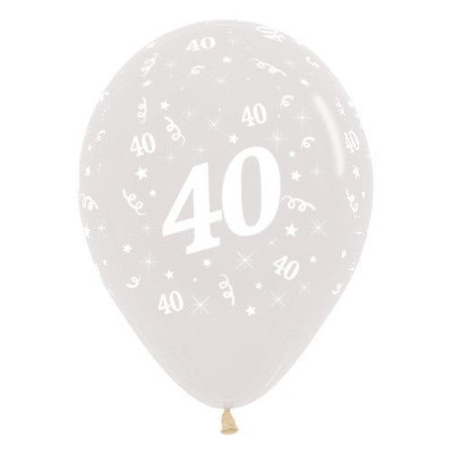 Elegant pack of 6 crystal clear latex balloons featuring the age 40, perfect for stylish birthday celebrations.