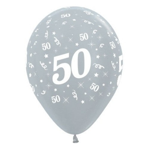 Pack of 6 silver metallic balloons featuring "Age 50," ideal for festive birthday celebrations and elegant party decor.