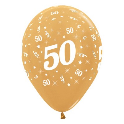 Gold metallic balloons for age 50 celebration, pack of 6, perfect for elegant birthday party décor.