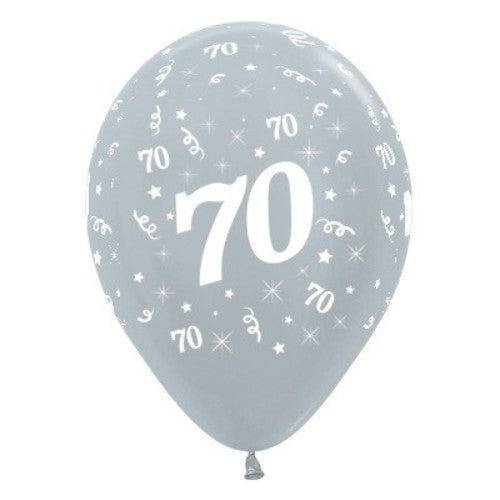 Pack of 6 silver metallic balloons featuring the age 70, perfect for elegant birthday celebrations and festive decor.