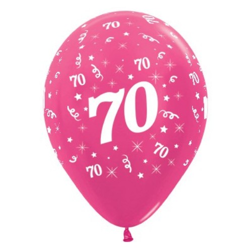 Vibrant fuchsia metallic balloons for a 70th birthday celebration, pack of 6, perfect for adding elegance to any decor.