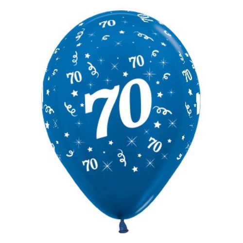 Blue metallic balloons for age 70 celebrations, pack of 6, perfect for stylish birthday decor.