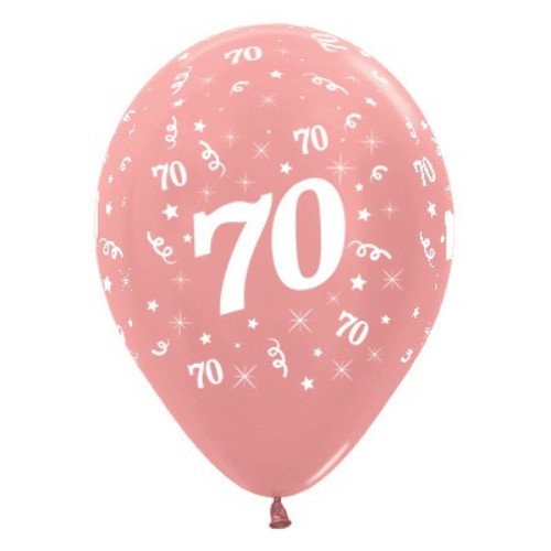 Rose gold metallic balloons featuring '70' for elegant birthday celebrations, pack of 6, 30cm size.