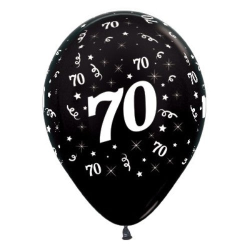 Black metallic balloons for age 70, pack of 6, perfect for elegant birthday celebrations and milestone events.