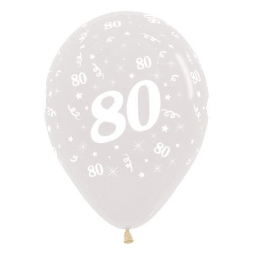 Clear latex balloons featuring "80" in jewel crystal finish, perfect for celebrating milestone birthdays with elegance.