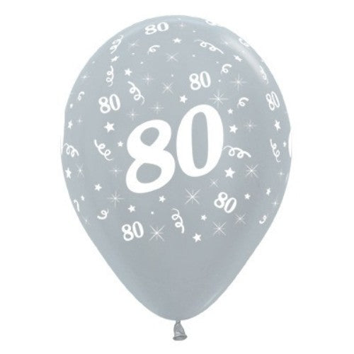 Six 30cm silver metallic balloons featuring "Age 80" for elegant birthday celebrations. Perfect for indoor and outdoor decor.