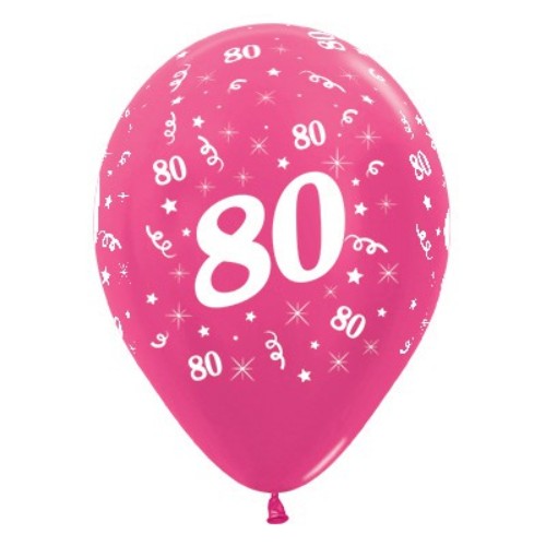 Vibrant fuchsia metallic balloons celebrating 80th birthday, ideal for festive decor and memorable celebrations.