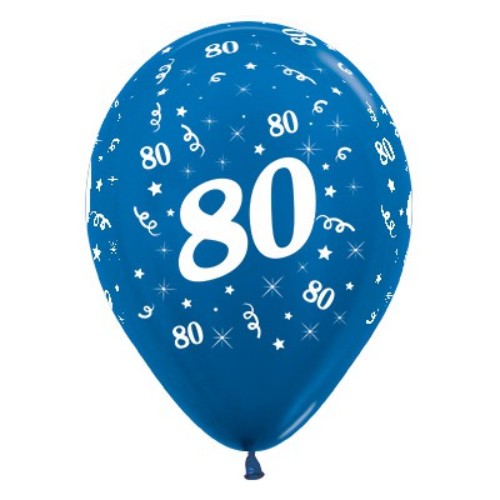 Pack of 6 blue metallic balloons featuring the number '80', perfect for 80th birthday celebrations.