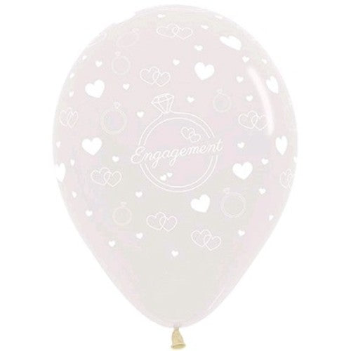 Pack of 6 crystal clear latex balloons featuring diamond rings and hearts, perfect for engagement celebrations.