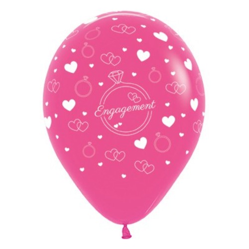 Vibrant fuchsia latex balloons featuring diamond and ring designs, perfect for engagement celebrations and parties. Pack of 6.