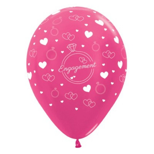 Vibrant fuchsia metallic latex balloons featuring diamond rings and hearts, perfect for engagement celebrations. Pack of 6.