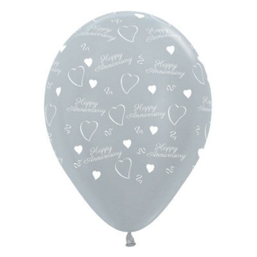 Pack of 6 elegant 30cm silver metallic latex balloons, perfect for anniversaries and glamorous celebrations.