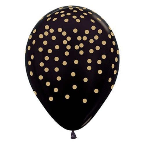 30cm Gold Confetti on Metallic Black Latex Balloons - Pack of 12
