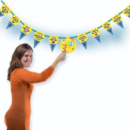 Vibrant Despicable Me Minion birthday pennant banner with customizable age and festive colors, perfect for parties.