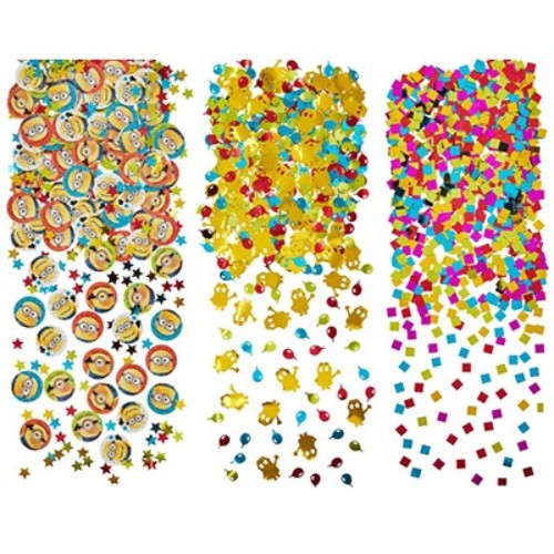 Colorful Despicable Me confetti pack featuring foil and cardboard pieces with Minion characters, perfect for parties and celebrations.