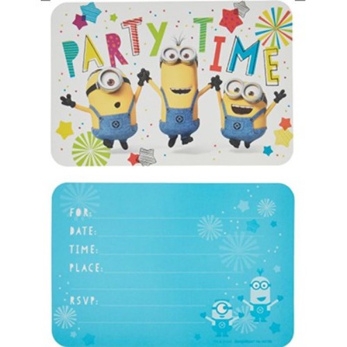 Colorful Despicable Me Minion invitations for parties, complete with envelopes, seals, and Save the Date stickers. Pack of 8.