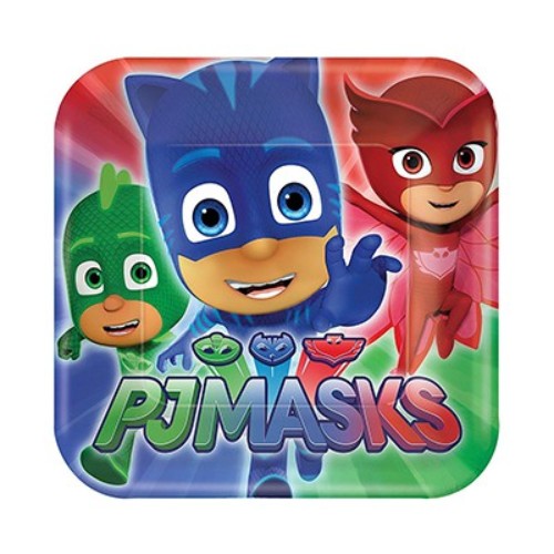 Colorful PJ Masks square luncheon plates featuring Catboy, Owlette, and Gekko, perfect for kids' parties and celebrations.