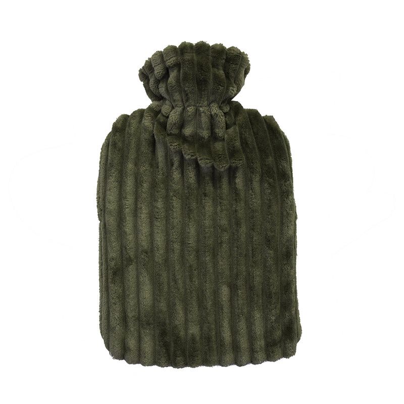 Plush 2L olive hot water bottle with velour stripe cover, perfect for cozy warmth and comfort in winter.
