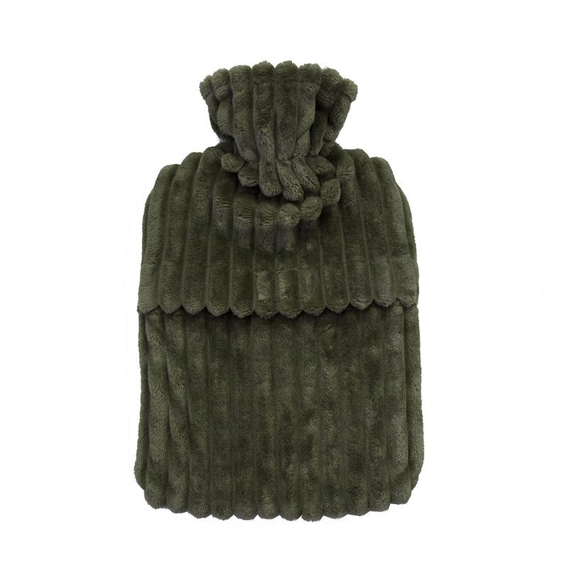 Olive plush hot water bottle with a velour stripe cover, perfect for warmth and comfort on cold winter nights.