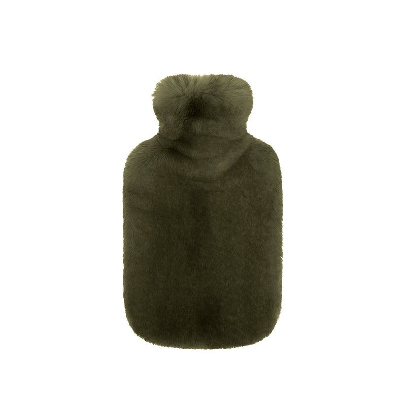 Frida Faux Fur Hot Water Bottle in Olive, featuring soft fur, 2L capacity, perfect for warmth and cozy decor.