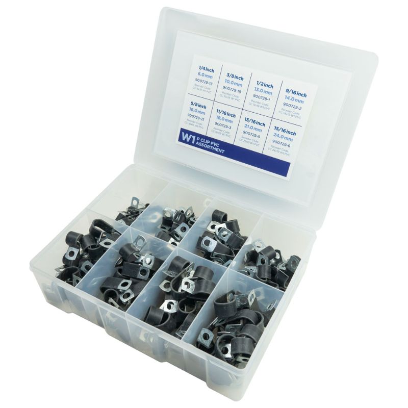 Kale 185pc Cable Clamp PVC/P-Clip Assortment W1 features durable PVC clips in various sizes for effective cable management.