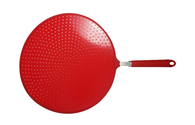 Avanti 33cm red silicone oil spatter screen designed to minimize kitchen mess while frying or sautéing.