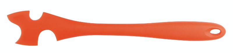 Bright red silicone oven rack pull-push tool with notches for safe handling, heat resistant up to 645°F, measures 9 inches.
