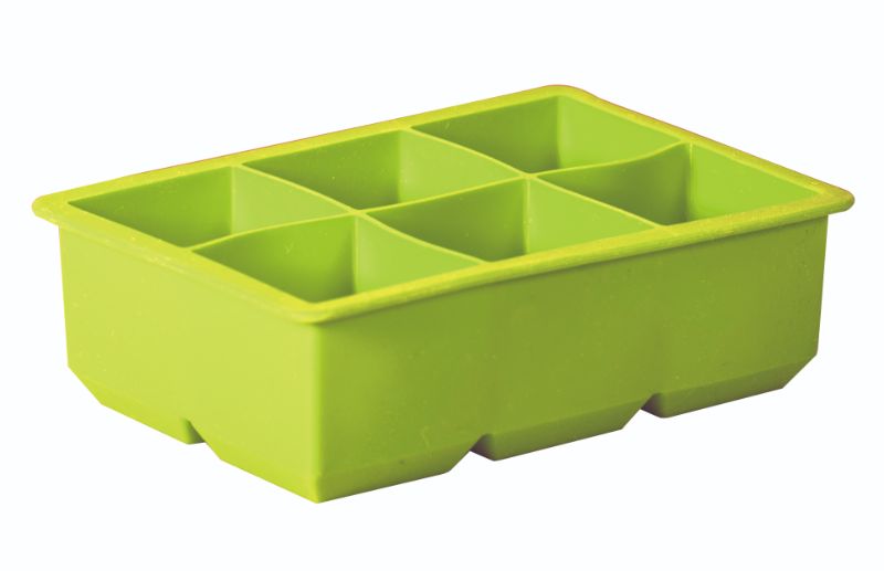 Vibrant green silicone ice cube tray making six oversized 5cm cubes, perfect for drinks, baby food, and creative freezing.